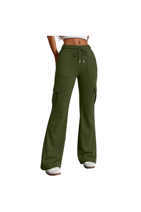 Womens Solid Color Multi Cargo Pocket Flare Sweatpants Elastic Drawstring High Waist Soft Stretchy Fabric Relaxed Fit Casual Streetwear Bootcut Everyday Trousers