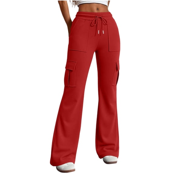 Costeam Womens Solid Color Multi Cargo Pocket Flare Sweatpants Elastic Drawstring High Waist Soft Stretchy Fabric Relaxed Fit Casual Streetwear Bootcut Everyday Trousers