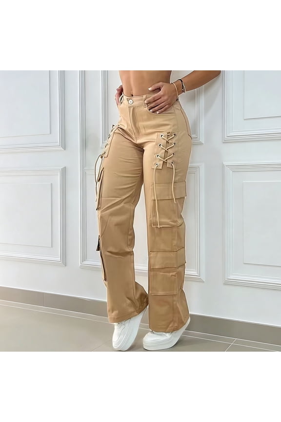 Womens Solid Color Multi Pocket Utility Cargo Pants Dual Thigh Cargo Patch Pockets Drawstring Full Elastic High Waist Wrinkle Resistant Loose Full Length Casual Trousers