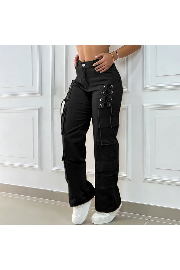 Womens Solid Color Multi Pocket Utility Cargo Pants Dual Thigh Cargo Patch Pockets Drawstring Full Elastic High Waist Wrinkle Resistant Loose Full Length Casual Trousers