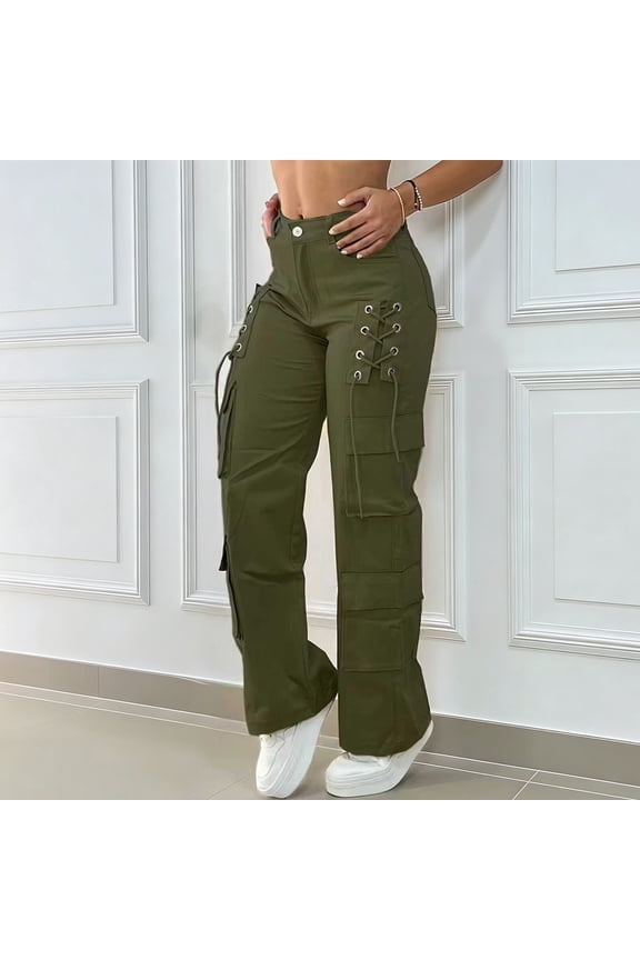 Womens Solid Color Multi Pocket Utility Cargo Pants Dual Thigh Cargo Patch Pockets Drawstring Full Elastic High Waist Wrinkle Resistant Loose Full Length Casual Trousers