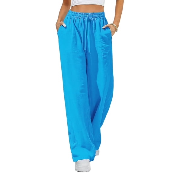 Costeam Womens Solid Color Pleated Linen Like Long Pants Utility Side Pockets Flexible Drawstring Elastic Waist Relaxed Draping Skin Friendly Casual Full Length Trousers