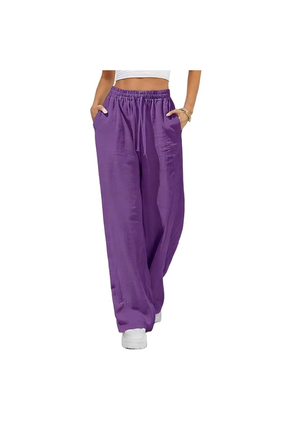 Womens Solid Color Pleated Linen Like Long Pants Utility Side Pockets Flexible Drawstring Elastic Waist Relaxed Draping Skin Friendly Casual Full Length Trousers
