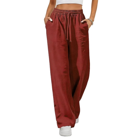 Costeam Womens Solid Color Pleated Linen Like Long Pants Utility Side Pockets Flexible Drawstring Elastic Waist Relaxed Draping Skin Friendly Casual Full Length Trousers