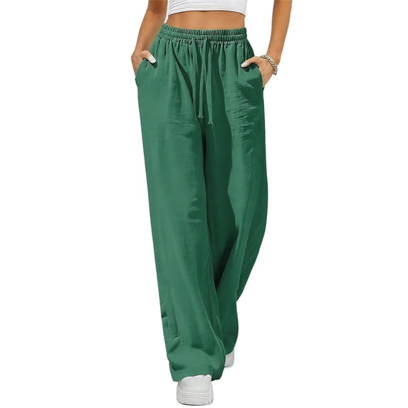 Costeam Womens Solid Color Pleated Linen Like Long Pants Utility Side Pockets Flexible Drawstring Elastic Waist Relaxed Draping Skin Friendly Casual Full Length Trousers