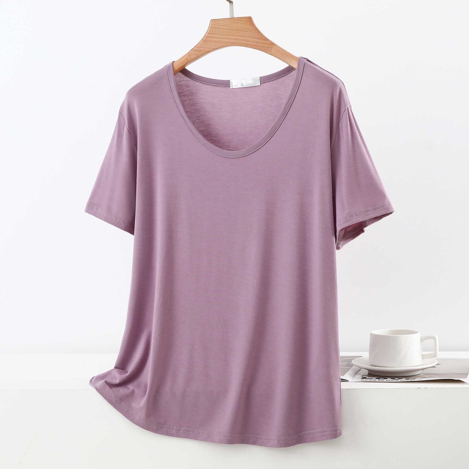 Costeam Womens Solid Color Short Sleeve Thin Tee Two Piece Pajama Set ...