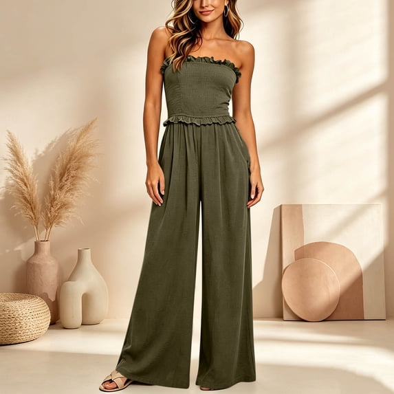 Costeam Womens Solid Color Sleeveless Jumpsuit Elastic Waist Loose Fit Wide Leg Full Length Soft Fabric Lightweight Breathable Casual One Piece Pants