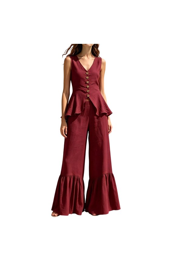 Womens Solid Color Sleeveless V Neck Ruffle Peplum Jumpsuit Front Button Detail Ruffle Hem Flared Wide Leg Linen Blend Relaxed Fit Full Length Casual One Piece Outfit