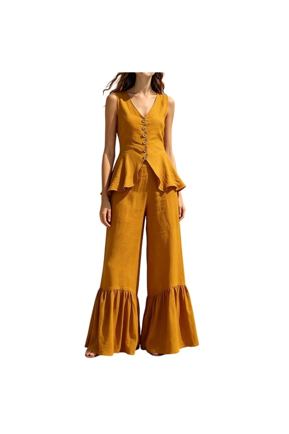 Womens Solid Color Sleeveless V Neck Ruffle Peplum Jumpsuit Front Button Detail Ruffle Hem Flared Wide Leg Linen Blend Relaxed Fit Full Length Casual One Piece Outfit