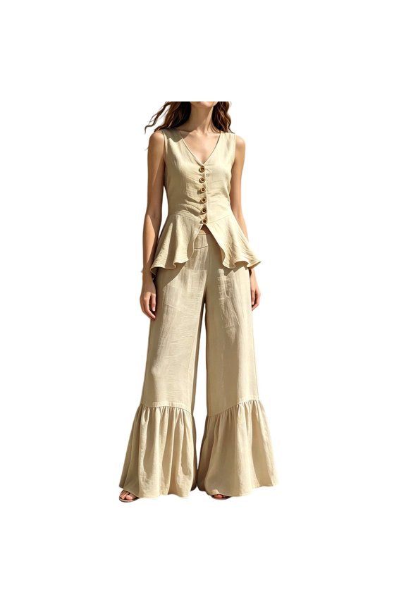Womens Solid Color Sleeveless V Neck Ruffle Peplum Jumpsuit Front Button Detail Ruffle Hem Flared Wide Leg Linen Blend Relaxed Fit Full Length Casual One Piece Outfit