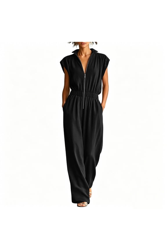 Womens Solid Color Sleeveless Wide Leg Jumpsuit Half Zip Front Collar Design Hidden Side Inset Pockets Flexible Elastic High Waist Lightweight Breathable Woven One Piece Romper