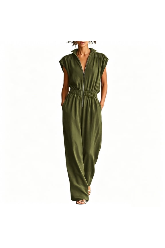 Womens Solid Color Sleeveless Wide Leg Jumpsuit Half Zip Front Collar Design Hidden Side Inset Pockets Flexible Elastic High Waist Lightweight Breathable Woven One Piece Romper