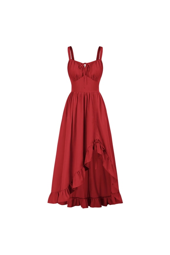 Womens Solid Color Spaghetti Strap Maxi Dress No Side Pocket Ruched Cinched High Waist Ruffle Asymmetrical Hem Flowy Vintage Long Sundress