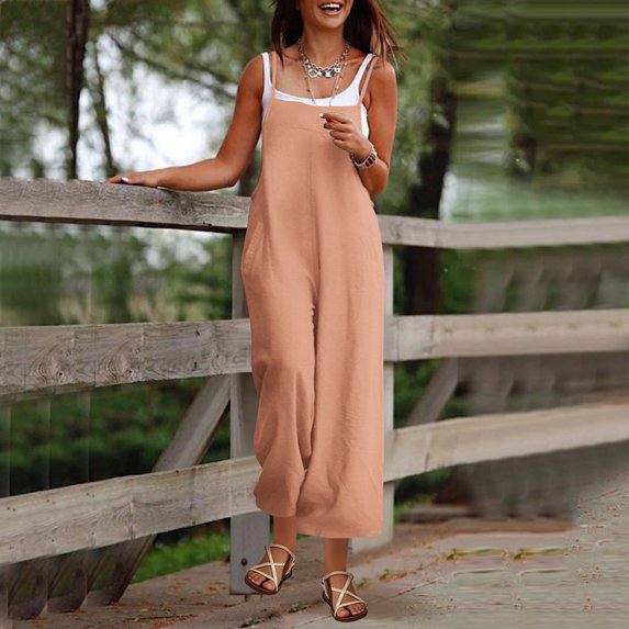 Costeam Womens Solid Color Spaghetti Strap Sleeveless Jumpsuit High Waist Wide Leg Functional Pockets Flowy Draping Fabric Relaxed Fit Casual One Piece Romper