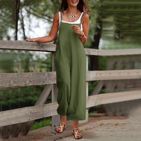 Costeam Womens Solid Color Spaghetti Strap Sleeveless Jumpsuit High Waist Wide Leg Functional Pockets Flowy Draping Fabric Relaxed Fit Casual One Piece Romper