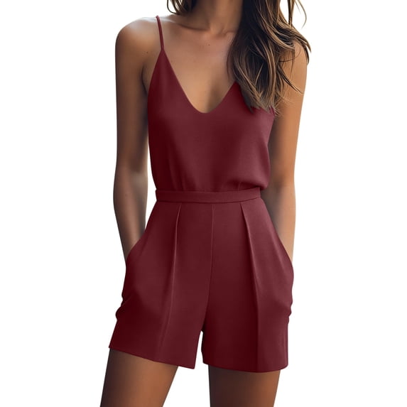 Costeam Womens Solid Color Spaghetti Strap V Neck Romper High Waist Short Inseam with Side Patch Pockets Soft Lightweight Knit Fabric Sleeveless Casual Jumpsuit Multi Color