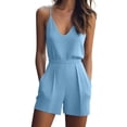 thumbnail image 1 of Costeam Womens Solid Color Spaghetti Strap V Neck Romper High Waist Short Inseam with Side Patch Pockets Soft Lightweight Knit Fabric Sleeveless Casual Jumpsuit Multi Color, 1 of 7