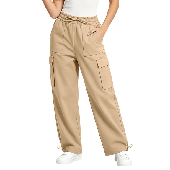Costeam Womens Solid Color Straight Leg Cargo Pants Multi Layer Side Utility Patch Pockets Full Elastic High Rise Waist Soft Sturdy Twill Woven Fabric Loose Athletic Fit Casual Trousers