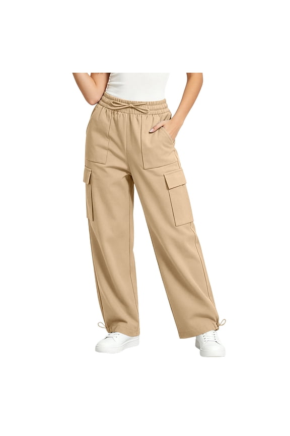 Womens Solid Color Straight Leg Cargo Pants Multi Layer Side Utility Patch Pockets Full Elastic High Rise Waist Soft Sturdy Twill Woven Fabric Loose Athletic Fit Casual Trousers