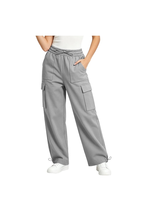 Womens Solid Color Straight Leg Cargo Pants Multi Layer Side Utility Patch Pockets Full Elastic High Rise Waist Soft Sturdy Twill Woven Fabric Loose Athletic Fit Casual Trousers