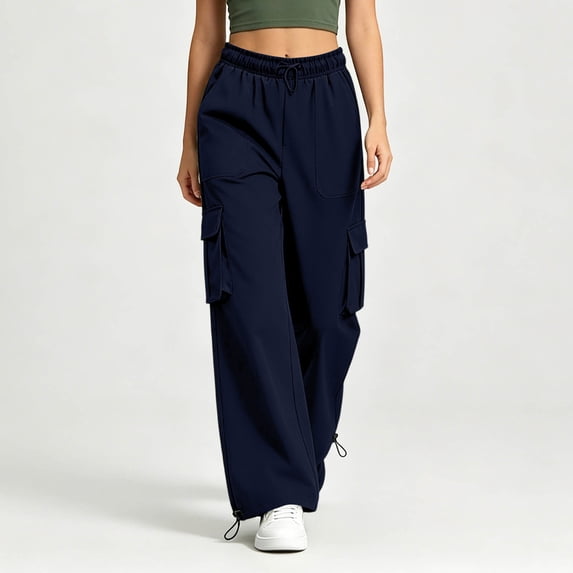 Costeam Womens Solid Color Straight Leg Cargo Trousers Multi Functional Side Pockets Elastic Drawstring Waist Wear Resistant Fabric Loose Casual Daily Bottom Pants