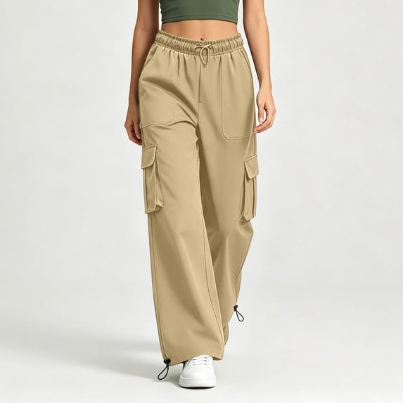Costeam Womens Solid Color Straight Leg Cargo Trousers Multi Functional Side Pockets Elastic Drawstring Waist Wear Resistant Fabric Loose Casual Daily Bottom Pants
