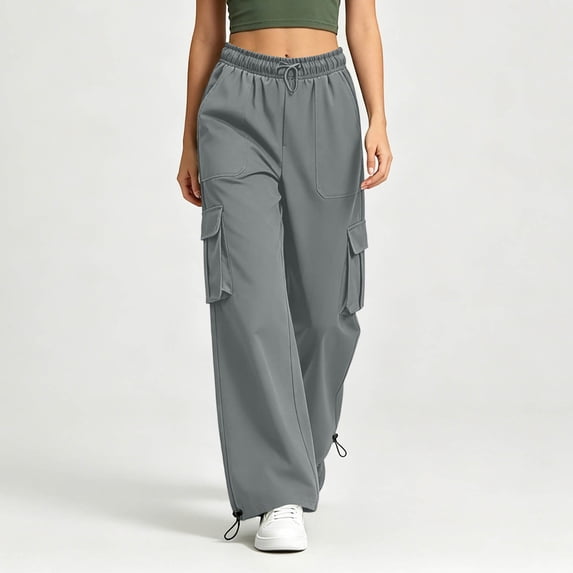 Costeam Womens Solid Color Straight Leg Cargo Trousers Multi Functional Side Pockets Elastic Drawstring Waist Wear Resistant Fabric Loose Casual Daily Bottom Pants