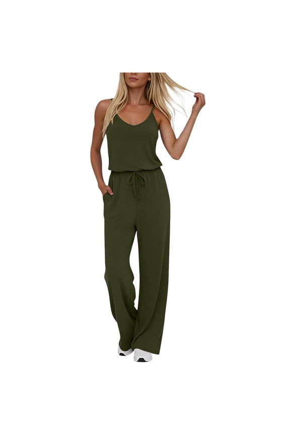 Womens Solid Color V Neck Adjustable Spaghetti Strap Jumpsuit Sleeveless Long Wide Leg Casual Style Side Pockets Elastic Waist Relaxed Fit Lightweight Breathable Fabric