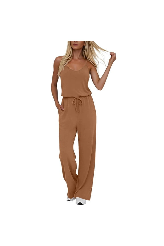 Womens Solid Color V Neck Adjustable Spaghetti Strap Jumpsuit Sleeveless Long Wide Leg Casual Style Side Pockets Elastic Waist Relaxed Fit Lightweight Breathable Fabric