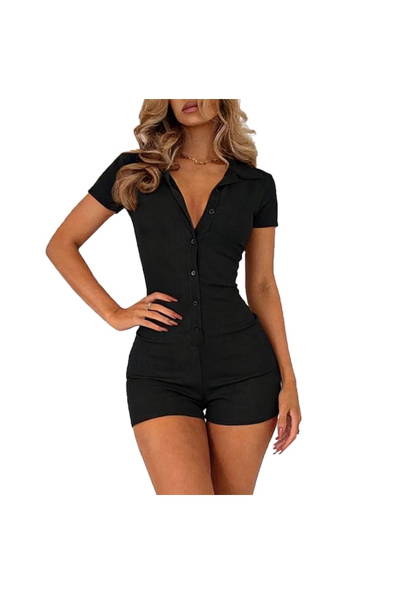 Womens Solid Color V Neck Collared Button Front Slim Fit Short Jumpsuit Elastic Waist Soft Fabric Casual Stylish One Piece Daily Short Romper