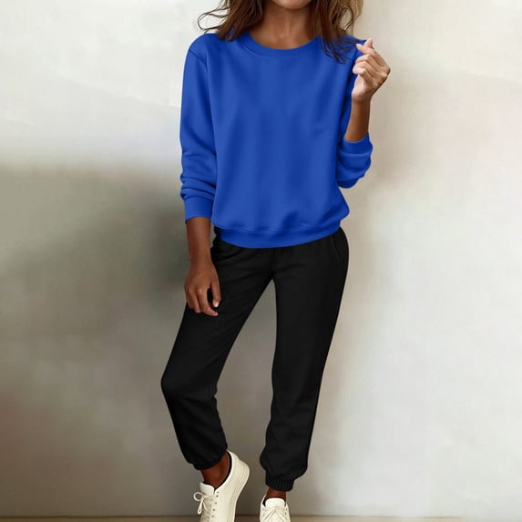 Costeam Womens Solid Crewneck Sweatshirt 2 Piece Outfit Long Sleeve Pullover Jogger Sweatpants Set Elastic Waist Tapered Pants with Pockets Soft Knit Casual Tracksuit