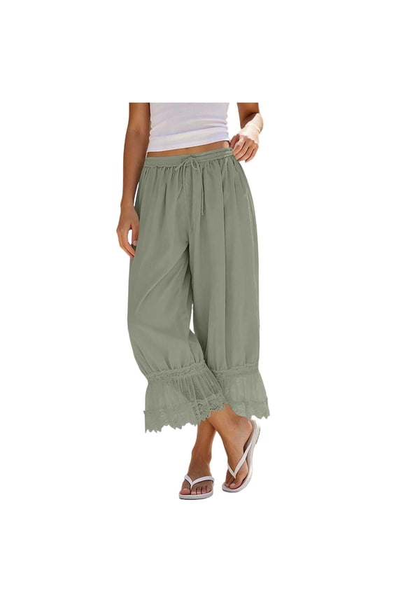 Womens Solid Crinkled Textured Cropped Capri Pants Elastic Drawstring High Waist Lace Ruffle Cuff Side Pockets Loose Fit Breathable Casual Loungewear Trousers