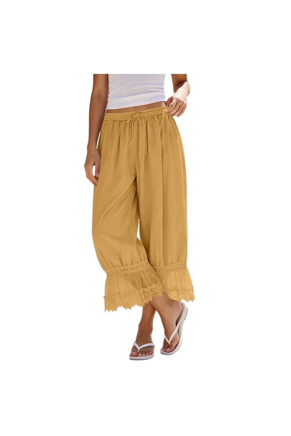 Womens Solid Crinkled Textured Cropped Capri Pants Elastic Drawstring High Waist Lace Ruffle Cuff Side Pockets Loose Fit Breathable Casual Loungewear Trousers