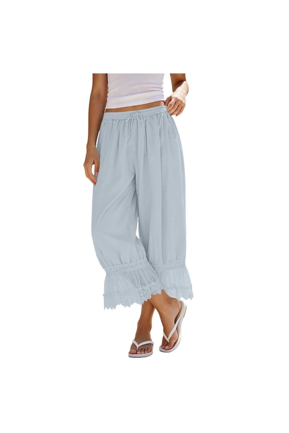 Womens Solid Crinkled Textured Cropped Capri Pants Elastic Drawstring High Waist Lace Ruffle Cuff Side Pockets Loose Fit Breathable Casual Loungewear Trousers