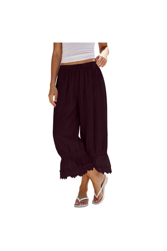 Womens Solid Crinkled Textured Cropped Capri Pants Elastic Drawstring High Waist Lace Ruffle Cuff Side Pockets Loose Fit Breathable Casual Loungewear Trousers