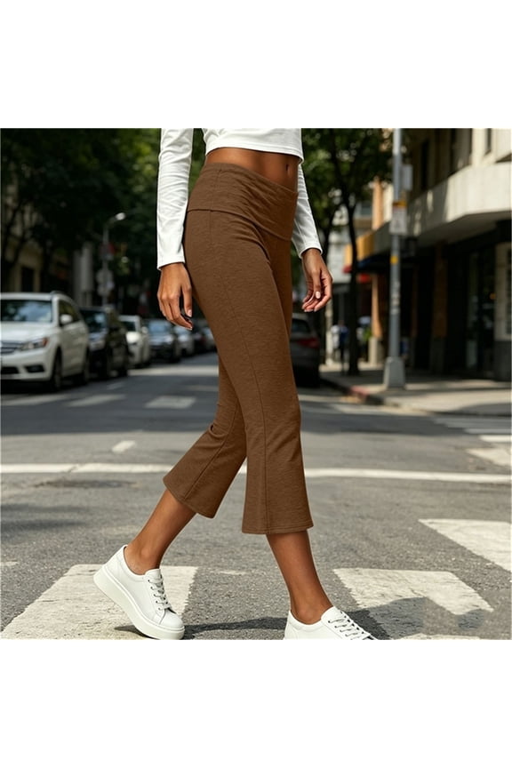 Womens Solid Cuffed Hem Flare Capri Pants Slim Fit Stretchy Elastic High Waist Mid Calf Length Soft Breathable Casual Daily Tummy Control Trousers