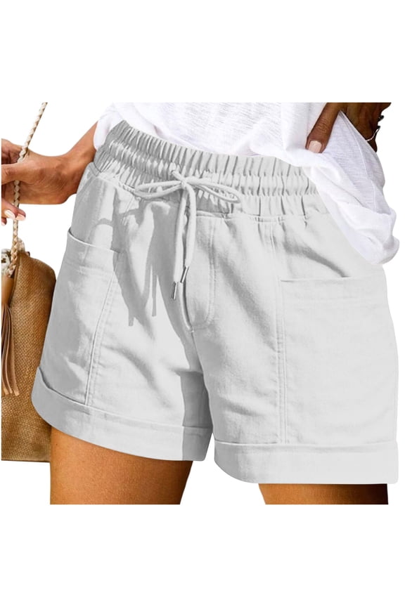 Womens Solid Cuffed Walking Shorts Dual Side Slip Patch Pockets Self Fabric Drawstring Full Elastic High Waist Lightweight Wrinkle Resistant Loose Casual Short Bottoms
