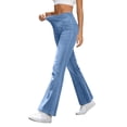 thumbnail image 1 of Costeam Womens Solid Denim Bootcut Flare Pants High Rise Elastic Insert Waist Multi Cargo Utility Pockets Flexible Stretch Denim Fabric Full Length Casual Jean Trousers, 1 of 9