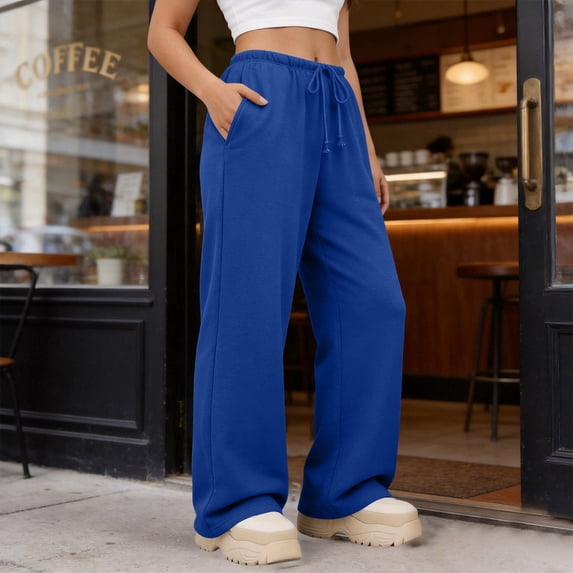 Costeam Womens Solid Drawstring Elastic High Waist Wide Leg Sweatpants Dual Side Hand Pockets Soft Knit Loose Fit Casual Everyday Athletic Long Trousers