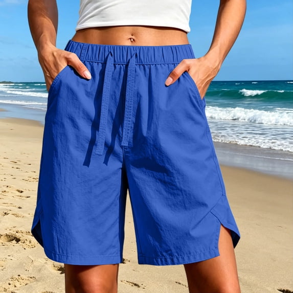 Costeam Womens Solid Drawstring Elastic Waist Knee Length Bermuda Shorts Side Split Hem Dual Side Hand Pockets Lightweight Woven Loose Fit Summer Casual Short Bottoms