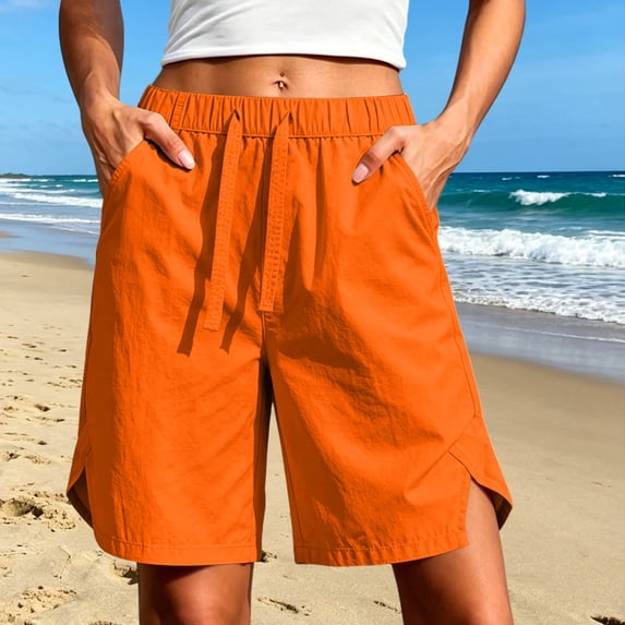Costeam Womens Solid Drawstring Elastic Waist Knee Length Bermuda Shorts Side Split Hem Dual Side Hand Pockets Lightweight Woven Loose Fit Summer Casual Short Bottoms