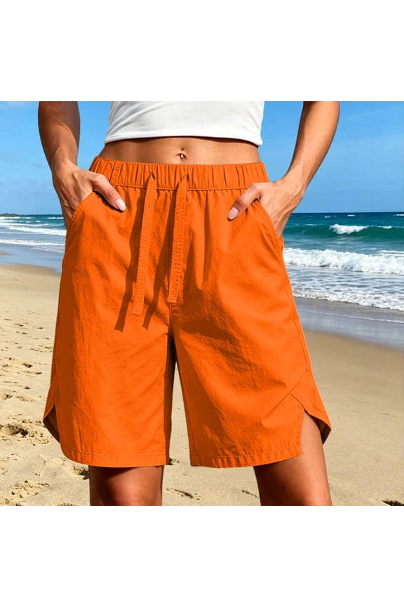 Womens Solid Drawstring Elastic Waist Knee Length Bermuda Shorts Side Split Hem Dual Side Hand Pockets Lightweight Woven Loose Fit Summer Casual Short Bottoms