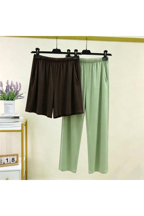Womens Solid Dual Piece Loungewear Matching Set Elastic Waist Bermuda Shorts and Wide Leg Long Pants Dual Side Pockets Soft Knit Loose Relax Everyday Sleep Co Ord