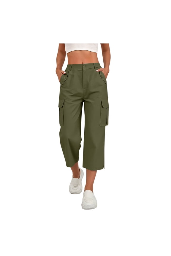 Womens Solid Elastic Drawstring High Waist Cargo Capri Pants Button Zip Closure Side Split Hem Multi Functional Pockets Relaxed Fit Mid Calf Utility Cropped Trousers