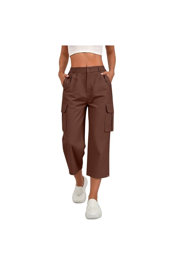 Womens Solid Elastic Drawstring High Waist Cargo Capri Pants Button Zip Closure Side Split Hem Multi Functional Pockets Relaxed Fit Mid Calf Utility Cropped Trousers
