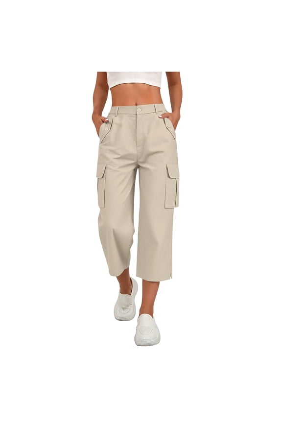Womens Solid Elastic Drawstring High Waist Cargo Capri Pants Button Zip Closure Side Split Hem Multi Functional Pockets Relaxed Fit Mid Calf Utility Cropped Trousers