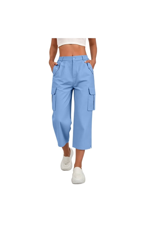 Womens Solid Elastic Drawstring High Waist Cargo Capri Pants Button Zip Closure Side Split Hem Multi Functional Pockets Relaxed Fit Mid Calf Utility Cropped Trousers