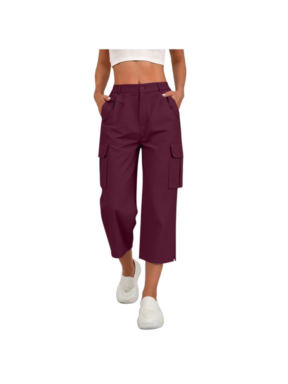 Womens Solid Elastic Drawstring High Waist Cargo Capri Pants Button Zip Closure Side Split Hem Multi Functional Pockets Relaxed Fit Mid Calf Utility Cropped Trousers