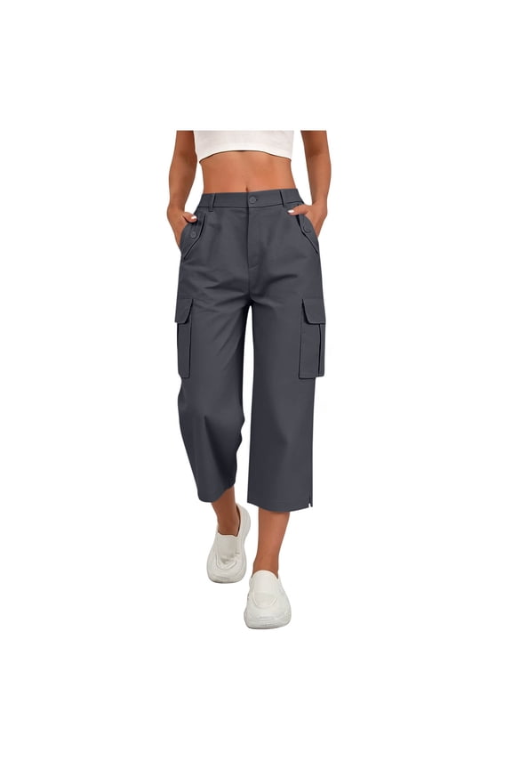 Womens Solid Elastic Drawstring High Waist Cargo Capri Pants Button Zip Closure Side Split Hem Multi Functional Pockets Relaxed Fit Mid Calf Utility Cropped Trousers