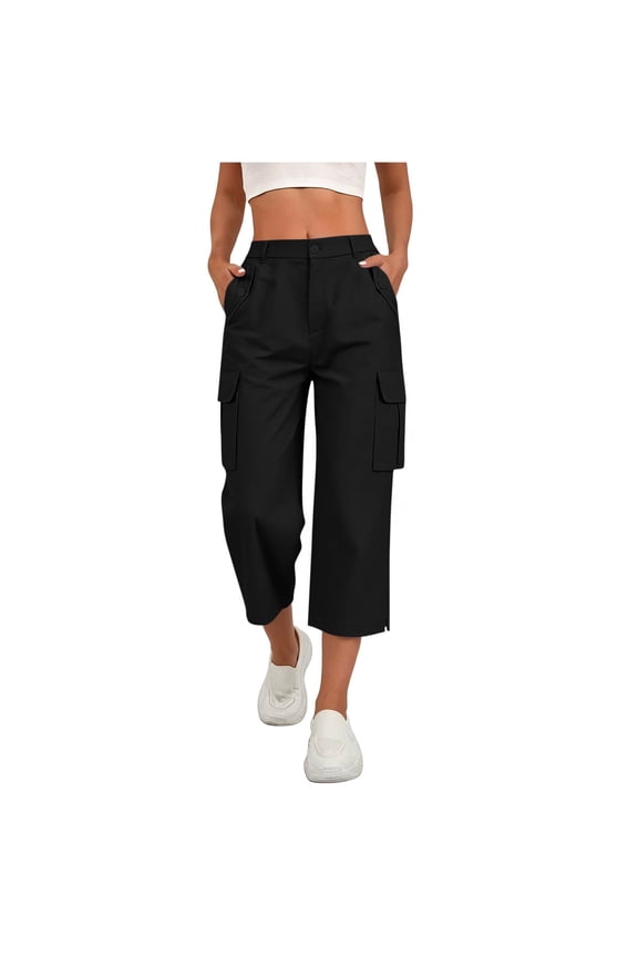 Womens Solid Elastic Drawstring High Waist Cargo Capri Pants Button Zip Closure Side Split Hem Multi Functional Pockets Relaxed Fit Mid Calf Utility Cropped Trousers